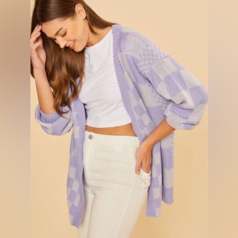 AnnieWear Los Angeles Lavender Checkered Knit Cardigan Size Small